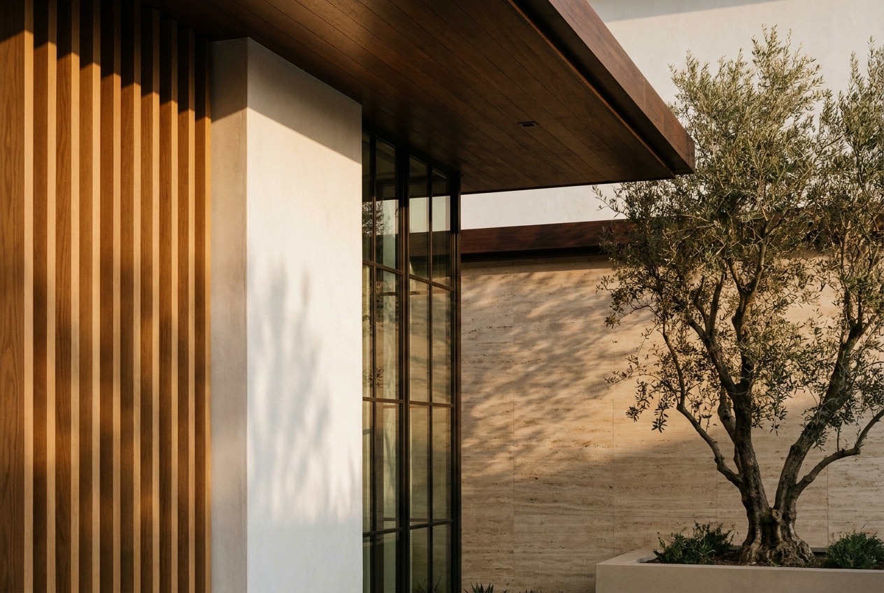 Architectural detail of a California modern home: a warm oak wood-slat screen meeting white plaster and a deep timber roof overhang, beside a travertine wall and a single olive tree in late-afternoon light.